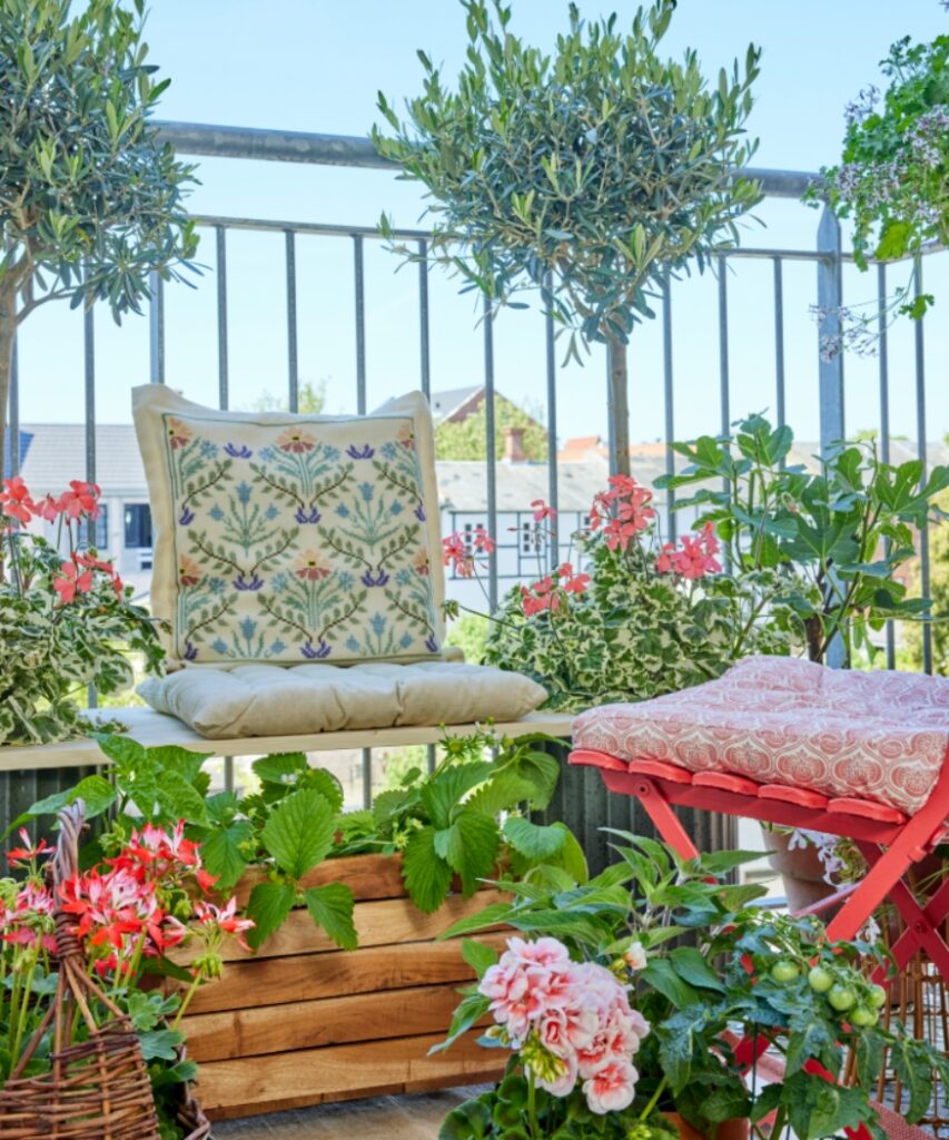 Eine Sitzbank auf einem kleinen Balkon, umrahmt von Olivenbäumchen und Geranien. Die harmonische Kombination aus Pflanzen und Möbeln verleiht dem Ort ein mediterranes Flair.